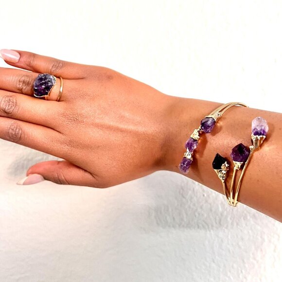 Gold  Amethyst Gemstone Nugget Cuff Bracelet, Ring & Earrings Set - Picture 3 of 4